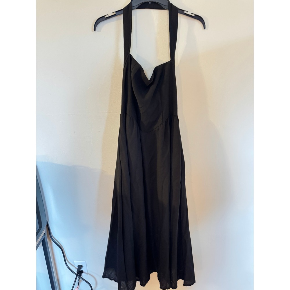 Black Halter Cowl Neck Midi Dress A-Line Cocktail Evening Size S